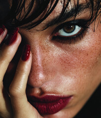 Woman's intense gaze with wet skin and red lips