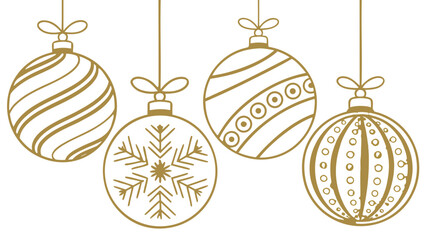 Golden christmas ornaments hanging with different patterns and snowflake design on a white background