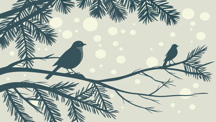 Two birds perched on pine branches with snow falling in a winter scene illustration artwork design