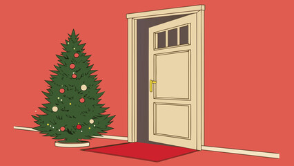 A christmas tree stands next to an open door on a red background with a red rug in the foreground