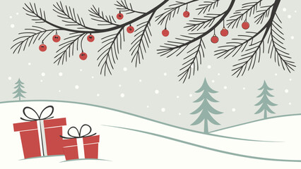 Winter scene with christmas tree branch red ornaments gifts and snow covered hills creating a festive mood