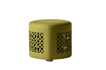 Round olive green ottoman with geometric cutouts and wooden base stool pouf, Png, Isolated on Transparent Background, Cut Out