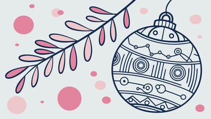 Ornament with geometric patterns hanging from a branch with pink leaves and pink circles around it