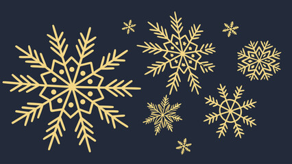 Illustration of golden snowflakes of various sizes and styles on a dark blue background creating a winter scene