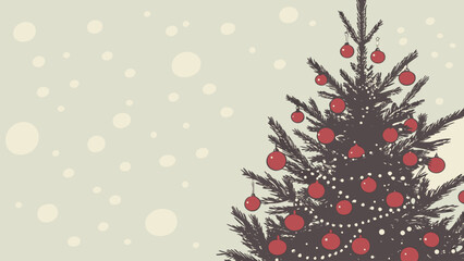 Decorated christmas tree with red ornaments and snow falling in a festive winter scene design