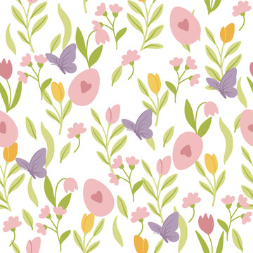Colorful Easter bunny with eggs and flowers. Easter basket with eggs and sheep. Easter parity and pattern. Easter background for postcard, banner.	