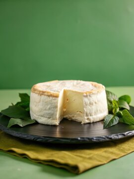 Creamy white cheese with golden crust on a rustic stone plate