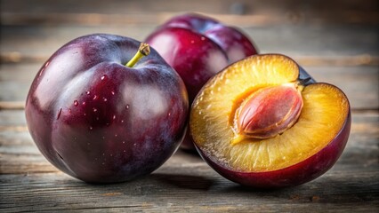 Fototapeta premium Two Plums with Whole and Halved Variations Displaying Juicy Deep Purple Flesh