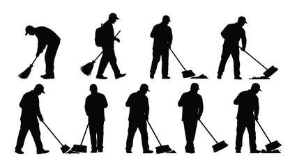Cleaning and sweeping workers silhouettes isolated on white background, Vector