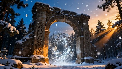 Ancient Stone Archway Gateway to a Magical Winter Portal in a Snowy Forest Landscape