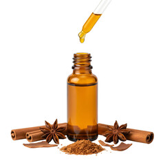 Amber Dropper Bottle With Essential Oil And Cinnamon Sticks Star Anise Spice Ingredients For Aromatherapy And Skincare
