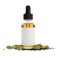 Amber Oil In Dropper Bottle With Green Cardamom Pods And Black Seeds On White Background