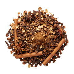 Aromatic Blend of Spices Star Anise Cinnamon Sticks Cloves and Grated Nutmeg Top View Isolated