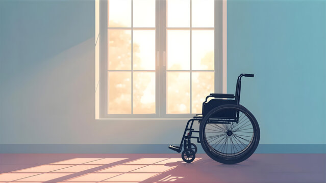 Wheelchair beside window with gentle sunlight, focus on shadow and light contrast, symbol of inclusivity