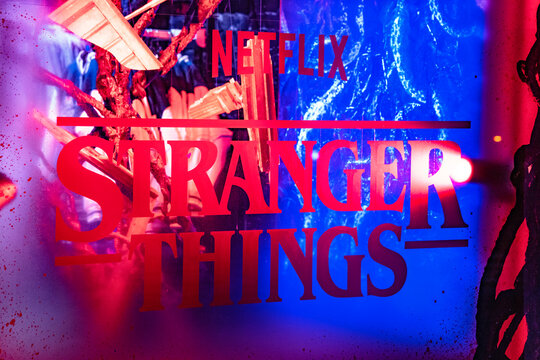 Stranger Things Logo Sign, Netflix Science Fiction TV Series, Window Display, London, England, United Kingdom - 9 November 2025