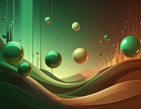Abstract landscape with hanging spheres and wavy lines - Powered by Adobe
