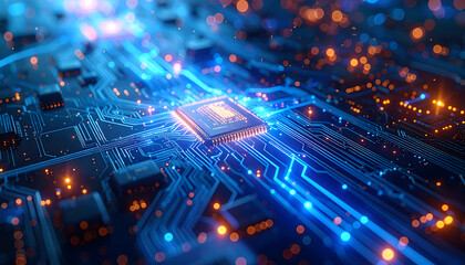 Close-up of a glowing computer microchip with intricate circuits and data flow illuminated by blue and orange lights, symbolizing technology and innovation