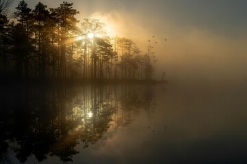 🌅 Golden sunrise over a calm river and lake landscape with beautiful morning reflection and orange sky