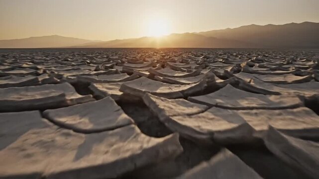 Cracked Earth in Barren Landscape at Sunset with Golden Sunbeams and Distant Mountains Under Warm Sky Creating Arid and Dry Environment for Adobe Stock