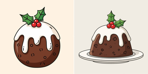 Cute Vector Christmas Pudding Desserts with Holly Berries and Cream