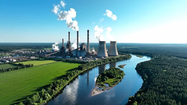 Aerial View of a Large Power Plant Station by a River Emitting Steam.