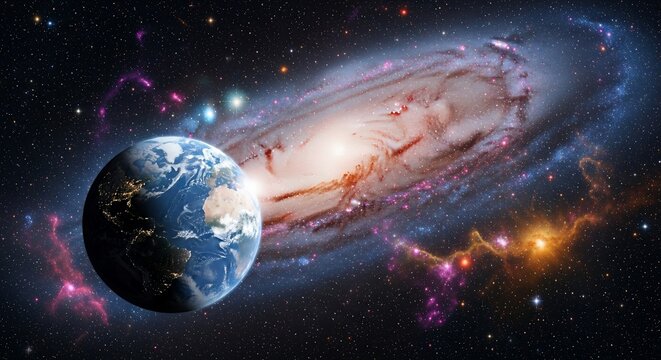 Earth viewed from space with city lights visible, set against a backdrop of a vibrant galaxy and colorful nebulae.