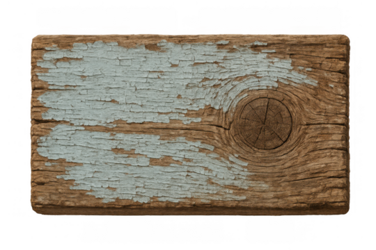 Weathered wood plank with peeling light blue paint texturing surface and visible knot, old rustic board sign and transparent background