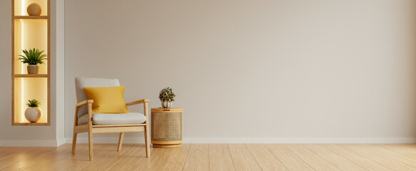 A minimalist interior design banner with an empty bright beige wall mockup, a cozy wooden armchair with a yellow cushion- 3D rendering