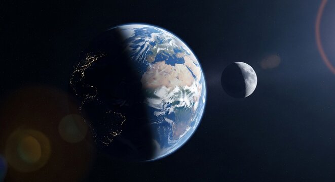 Earth and the Moon are visible in the dark expanse of space, illuminated by a distant light source creating lens flare.