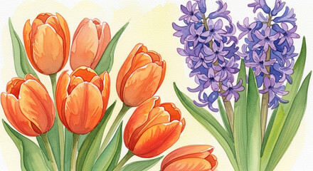 Close-up watercolor painting of vibrant orange tulips and purple hyacinths, showcasing botanical beauty.