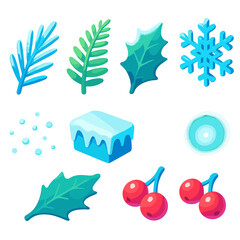 Frosted Leaf Icons. Frosted Leaves modern flat icon set: pine needle, fern frond, holly leaf, snowflake, frost dust, icy edge, glow, berry.
