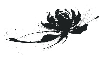Fototapeta premium Asian brush painting of peony flower – black ink sumi-e floral illustration