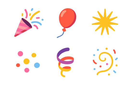 Festive Celebration Icons. Party Cheer modern flat icon set: exploding confetti popper, balloon, starburst, streamer, dots scatter, festive swirl.