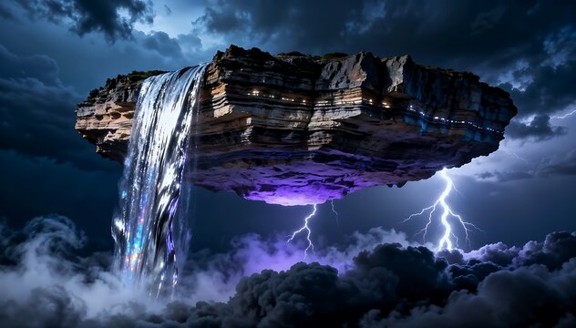 Floating Island Waterfall Amidst Dramatic Thunderstorm Sky
