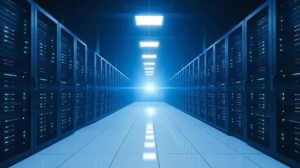 Modern data center server room with rows of racks and glowing lights, representing technology and computing - Powered by Adobe