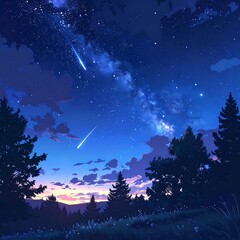Animated night sky scene with forest silhouettes and shooting stars