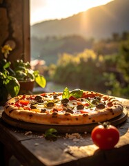 Golden Hour Gourmet Pizza with Rustic Mountain View