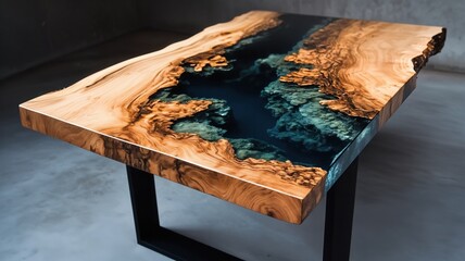 Luxurious bespoke wood slab table with a captivating deep blue resin inlay, showcasing natural timber beauty and contemporary craftsmanship for exquisite interiors