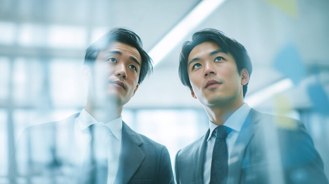 Two Japanese Businessmen Sharing Ideas with Futuristic Digital Interface