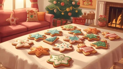 Festive Christmas cookies on a table with holiday decorations and a warm fireplace