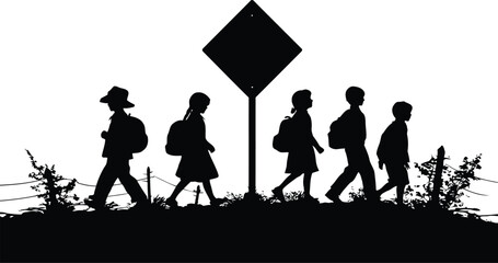 Silhouette of children walking on a path near a school crossing sign