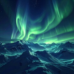 Vivid green aurora borealis dances above snow-covered mountain range at night.