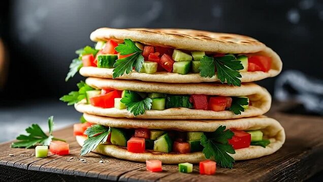 Stack of Fresh Pita Bread Sandwiches with Vegetables.