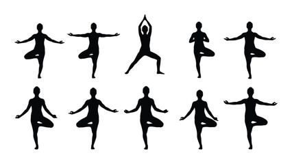 Collection of yoga poses silhouettes isolated on white background, Vector
