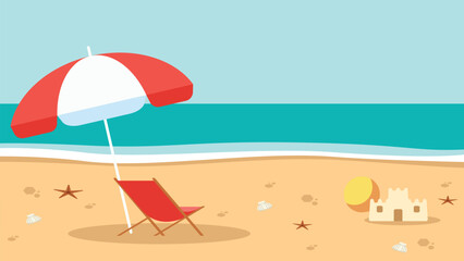Flat cartoon vector illustration of a beautiful summer beach background. Features a red beach chair, sun umbrella, sandcastle, and starfish. Travel Holiday concept