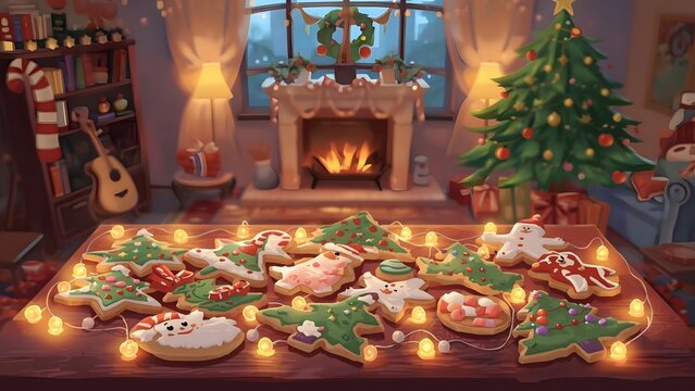 Festive Christmas Cookies on Table in Cozy Living Room with Holiday Decorations - Powered by Adobe