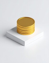 Gold coins stacked neatly on white cube, minimalist