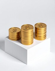 Stacked gold coins on white blocks, ascending