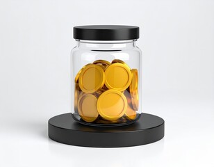 Jar of gold coins on platform, black lid, white backdrop