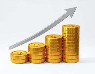 Gold coins stacked upward with a gray arrow indicating growth